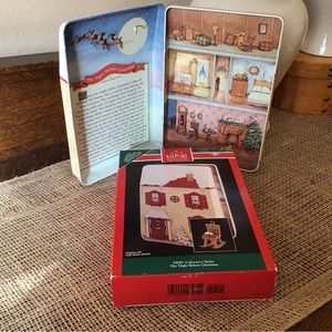 Vintage 1992 Hallmark tin display house and miniature ornament.